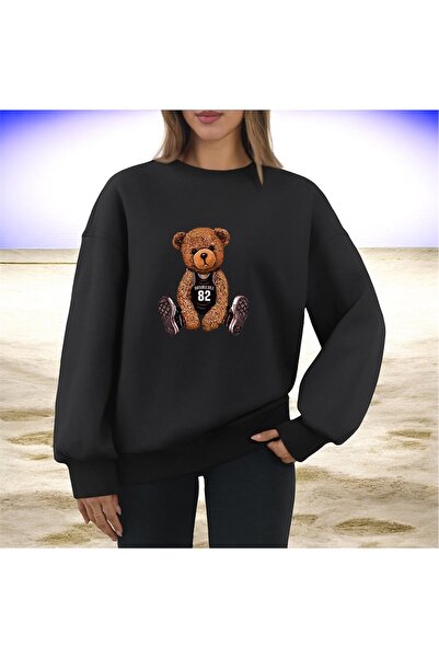HerTarzınTrendi Oversized Teddy Bear Print Cotton Black Sweatshirt