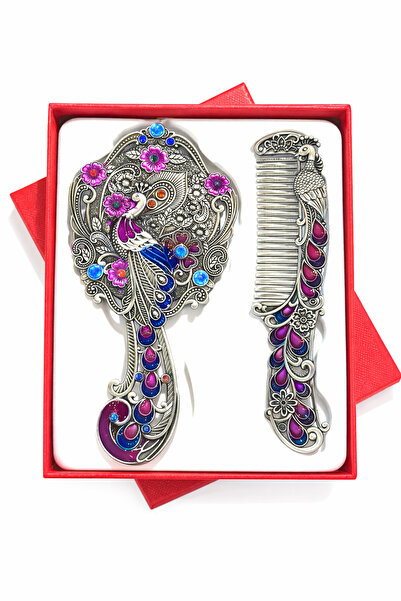 MD Moda Accessories Tavus Kuşu Motifli Renkli Taşlı Vintage El Aynası ve Tara...