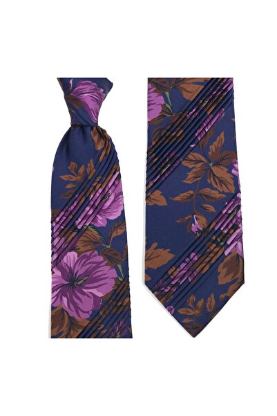 Sade Kravat Taba Kahve Lacivert Mor Çiçek Desenli Pliseli İpek Kravat 32936 K...