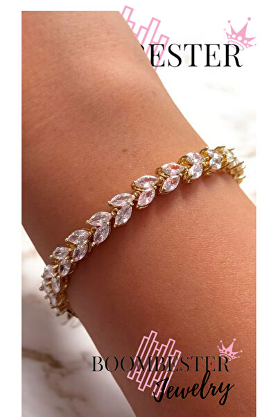 BoomBester Gold Color Leaf Form Crystal Stone Detailed Premium Metal Alloy Br...