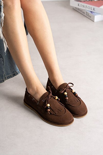 diclepolat Women's Brown Suede Tasseled Beaded Loafer Shoes - Comfortable Moc...