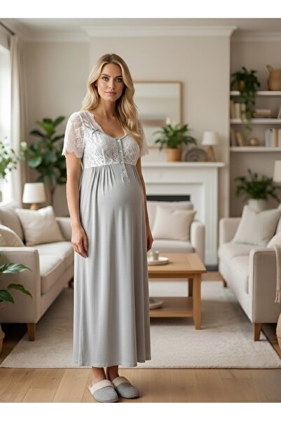 Lohusa Homewear New Season Gray Stylish Lace Embroidered Buttoned Summer Shor...