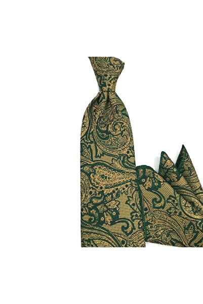 Sade Kravat Altın Hardal Sarı Yeşil Şal Desenli Mendilli Kravat 32929 Altın H...