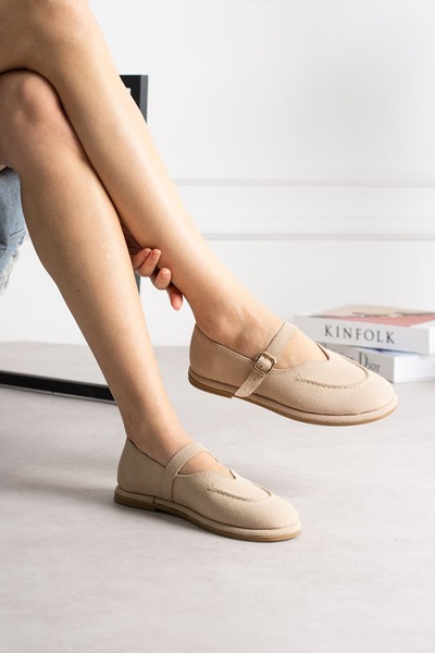 diclepolat Women's Beige Suede Buckle Mary Jane Loafer Shoes Günlük Ruız
