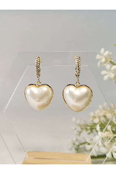 Halley Concept Pearl Heart Detailed Zircon Stone Dangle Earrings Gold