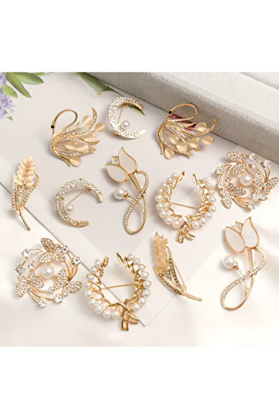 Ervalina Taşlı Figürlü Karışık Gold Broş (Karışık Gönderim)