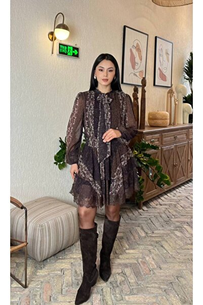 asyadabutik Women's Layered Lace Detail Collar Tie Chiffon Mini Dress