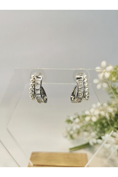 Halley Concept Pearl Detailed Zircon Stone Silver Color Earrings