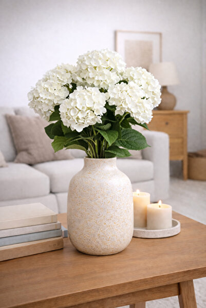 ELZI ATÖLYE Hacimli Doğal Görünümlü Yüksek Kaliteli Yapay Beyaz Ortanca Demet...