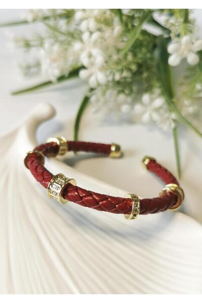 Halley Concept Burgundy Knitted Leather Bracelet with Zircon Stone Detail