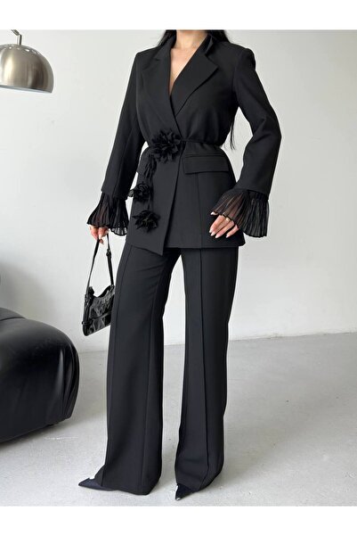 buqre's moda Women's Floral Accessory Detailed Chiffon Sleeve Suit