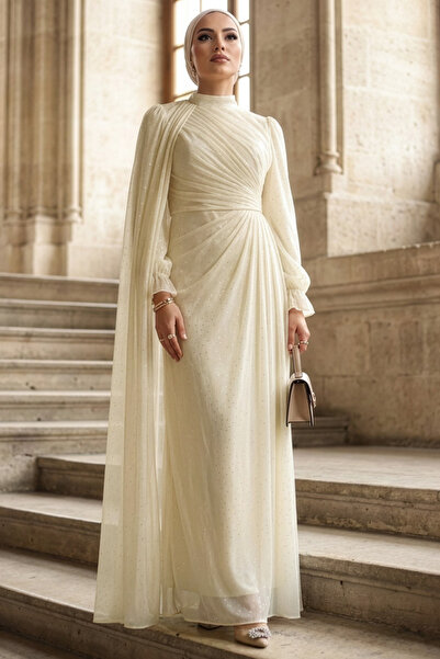 N.S NEVA STYLE Cape Detailed Cream Hijab Evening Dress 4875Kr
