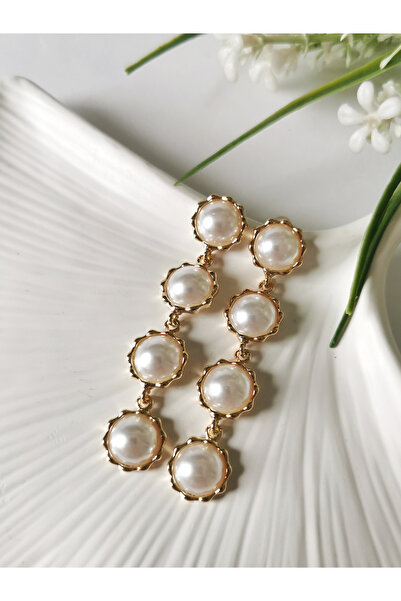 Halley Concept Pearl Detailed Long Dangle Earrings Gold