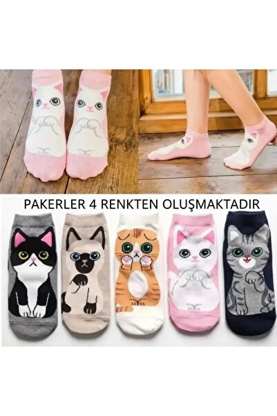 EfemİcGiyim Cotton Cat Patterned Mixed Color Booties Socks 12 Pack
