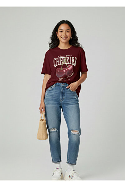 Mayer Butik Unisex Men/Women Cherries Printed Oversize Cotton Crew Neck T-Shirt