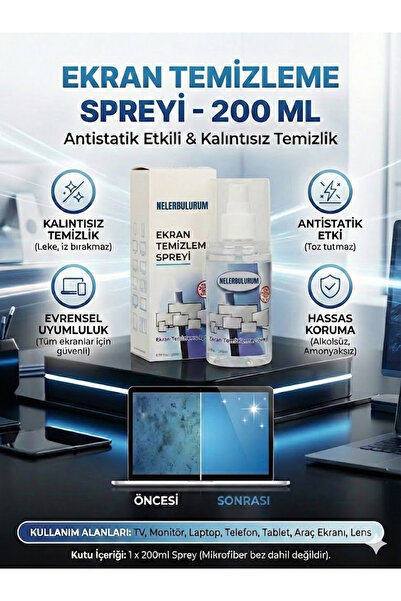 nelerbulurum 200 ML EKRAN TEMİZLEME SPREYİ Gözlük, Telefon, Ekran, Laptop, Ta...