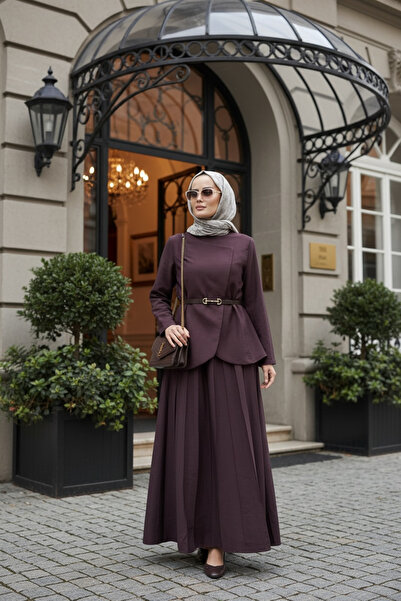 Aselim Hijap Moda طقم ثلاثي من سترة وتنورة من قماش كوبرا - أحمر كلاريت