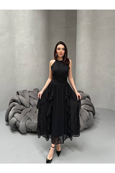 asyadabutik Women's Halter Neckline Waist-Slit Lined Midi Length Chiffon Dress