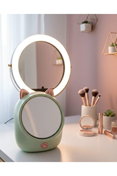 D&D Storee Makyaj Aynası Çift Taraflı 2 Boyutlu Fırça Organizerli Kedi Kulakl...