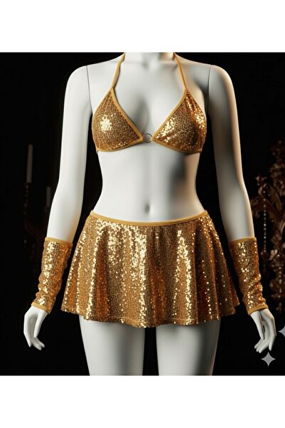 Lux Femme Altın Sarısı Payetli Etekli Sütyen Takımı – Işıltılı Tasarım