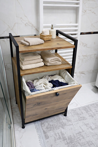 Lidya Yıkanabilir Kumaş Kirli Çamaşır Sepeti Organizeri – Metal, Ahşap Raflı,...