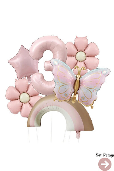 Bunloon 3 Yaş Retro Pembe Papatya Gökkuşağı Kelebek Temalı Balon Set