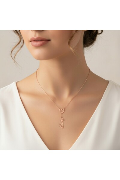 iniaHome 925 Ayar Gümüş Kalpli, İsme Özel Yazılı Kolye Rose Minimalist Zincir...