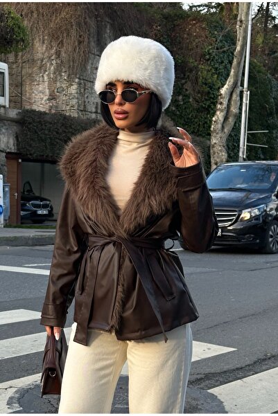 MEECY New Season Women's Leather Coat Fur Collar Coat Leather Fur Collar Leat...