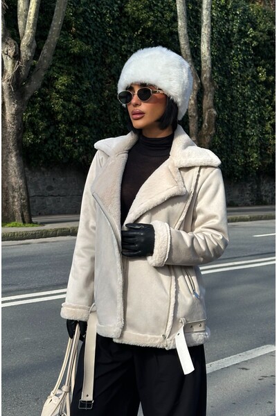 MEECY New Season Women's Zr Leather Suede Beige Coat with Belt Detail