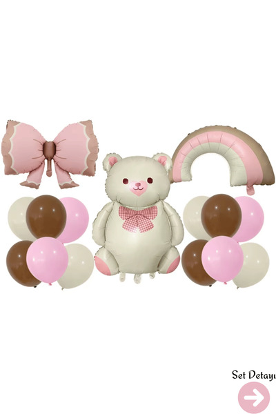 Bunloon Retro Pembe Ayıcık Gökkuşağı Fiyonk Temalı Balon Set Dekoru