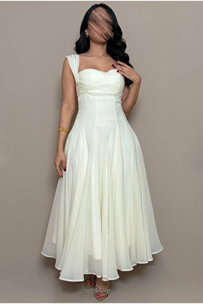 ELEEN EST Off-white midi dress with a corset design and flowing pleats