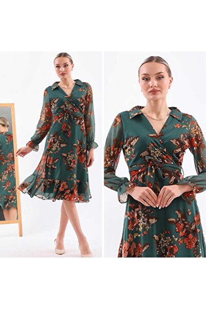 Lovely butik Patterned Chiffon Double-Breasted Collar Waist-Tie Midi Dress