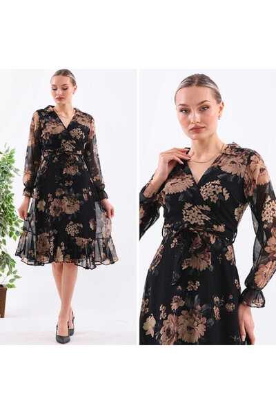 Lovely butik Patterned Chiffon Double-Breasted Collar Waist-Tie Midi Dress