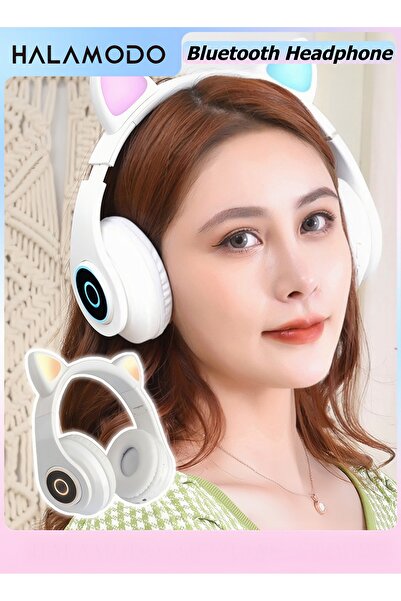 HALAMODO سماعات رأس لاسلكية للأطفال بتصميم أذن قطة، مزودة بإضاءة LED، قابلة ل...