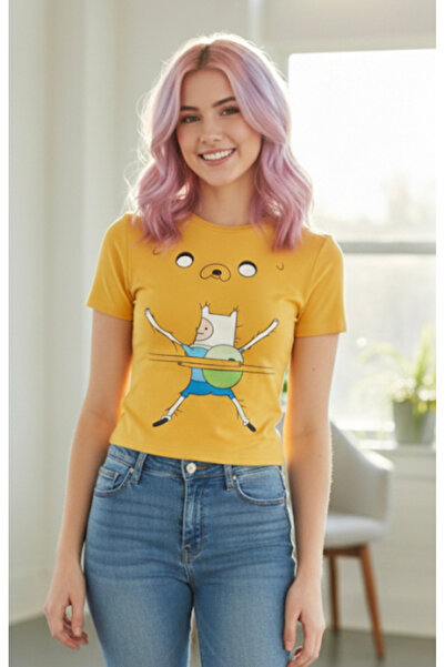 Köstebek Adventure Time Fin and Jack Y2K Short Sleeve Crop Blouse