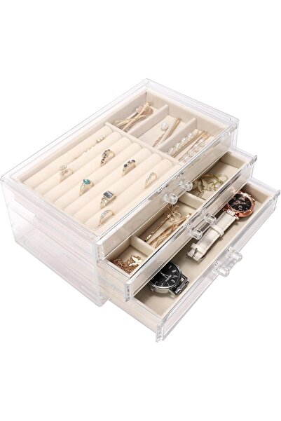 Arabest Clear Acrylic Jewelry Box with 3 Velvet Drawers, Jewelry Organizer fo...