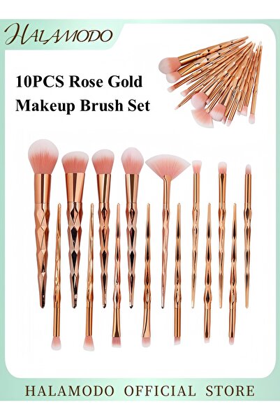 HALAMODO 10PCS Full Function Makeup Brushes Set Rose Gold Diamond-Cut Makeup ...