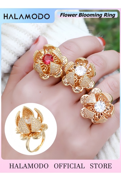 HALAMODO Women's Flower Blooming Ring Adjustable Wrap Open Jewelry for Women ...