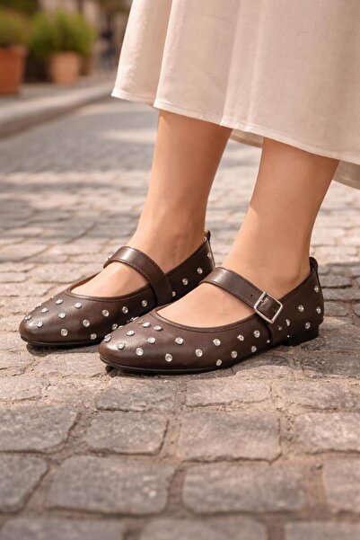 MODAONN Pantofi de balerină cu curele și cataramă cu pietre pentru femei