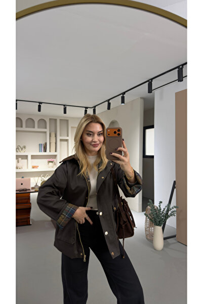 Sezgi Tekin Velvet Collar Detail Lining Plaid Brown Trench Coat