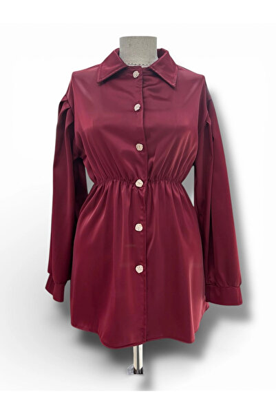Butik Bordo İnce Saten Belden Bağlamalı Gömlek Moodelimiz