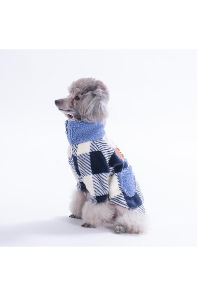 Pawstar Lacivert Chicago Checks v2 Ekose Desenli Düğmeli Köpek Ceketi Kalın Peluş Köpek Kıyafeti Kedi Kıyafe