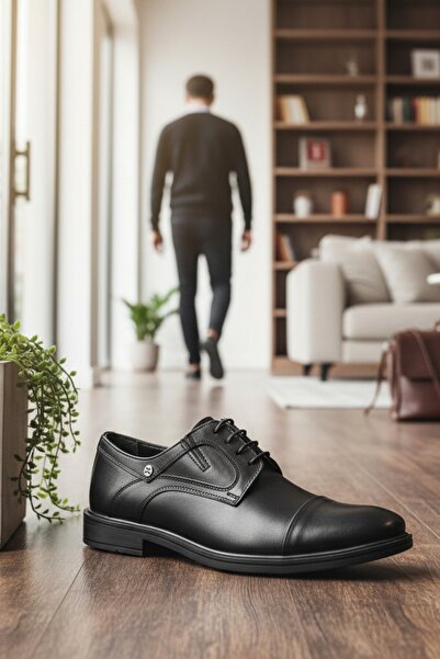 enoch حذاء إينوك كلاسيكي من الجلد الأسود الأصلي بتصميم رجالي وشعار معدني