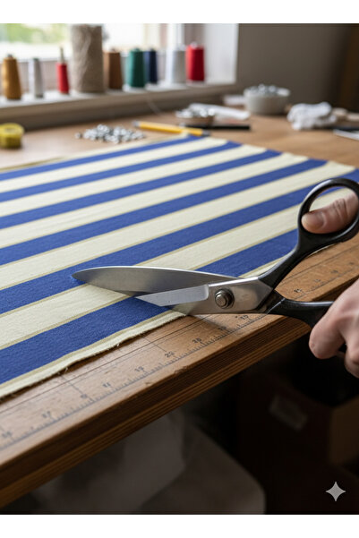 Şadoğlu Tekstil Lacivert Krem Gold Çizgili Dış Mekan Kumaşı - Balkon Tente, B...