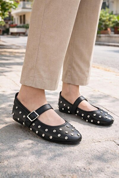 MODAONN Pantofi de balerină cu curele și cataramă cu pietre pentru femei