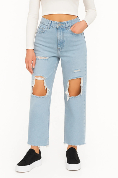 GAMZE ALPTEKİN Raw Hem Pack Imported Fabric Lycra-Free Ripped Wide Leg Jeans