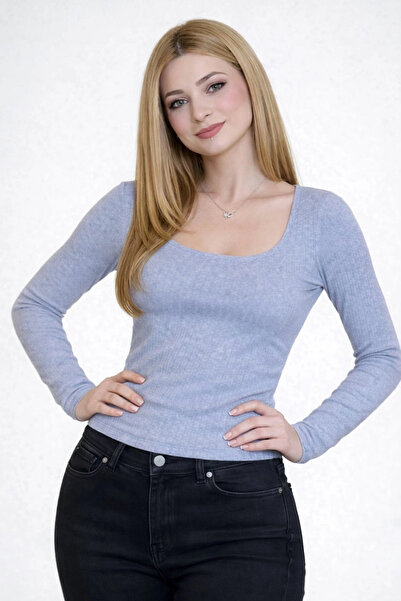 imx Women's Square Neck Long Sleeve Fit Blouse – Stretchy Ribbed Casual Chic Top