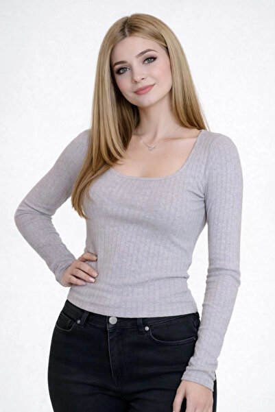 imx Women's Square Neck Long Sleeve Fit Blouse – Stretchy Ribbed Casual Chic Top