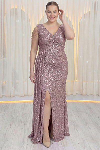 the ZKS Kadın Omuz Taş Detaylı Pul Payet Büyük Beden Abiye Elbise