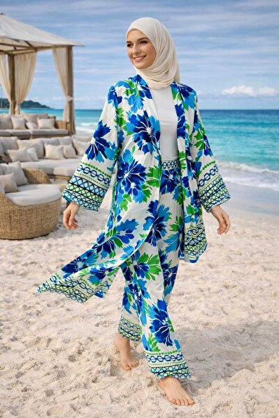 forte bella Patterned Top and Bottom Hijab Kimono Set